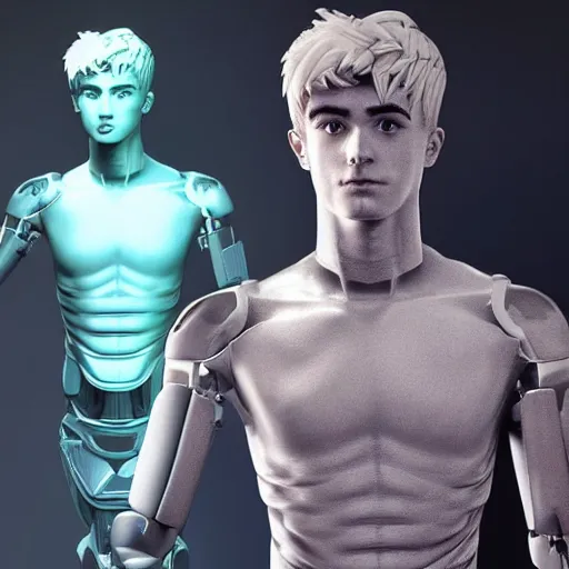 Image similar to “a realistic detailed photo of a guy who is an attractive humanoid who is half robot and half humanoid, who is a male android, twitch streamer Ninja Tyler Blevins, shiny skin, posing like a statue, blank stare, streaming”