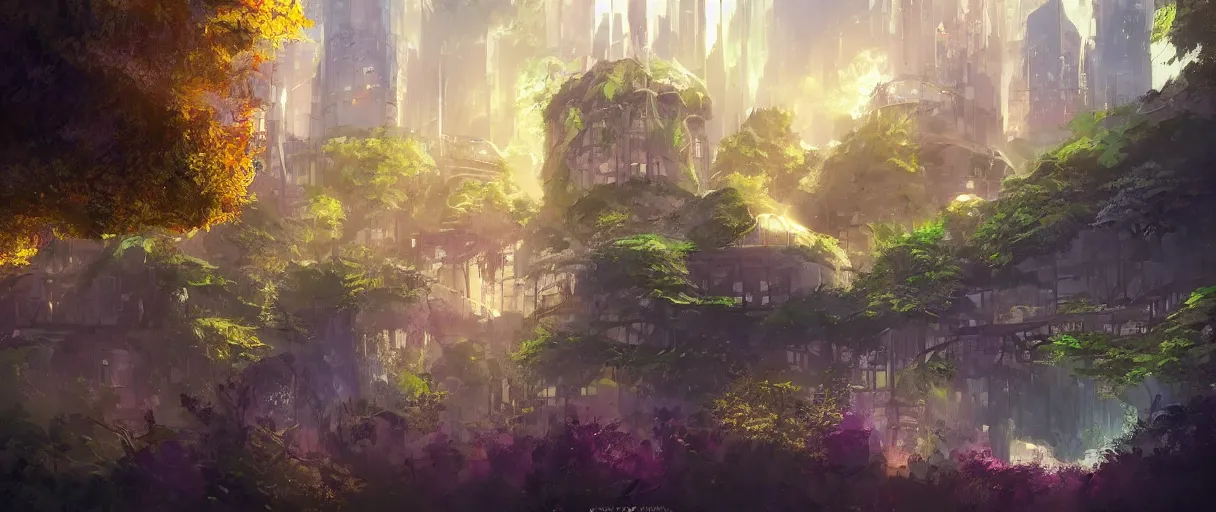 Image similar to modern academy city castle in the forest behind a garden, huge, concept art, digital painting, style of jordan grimmer, warm lighting, futuristic, volumetric lighting, view from below, vivid colours, bright, daytime, godrays, high detail