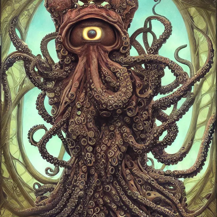 Image similar to beautiful and exotic octopus queen bust portrait, glowing big eyes, art nouveau declotage, perfect symmetrical facial features, hyperrealistic bone structure, extremely hyperdetailed, mixed media painting, unreal engine, 8 k, octane, 8 mm, by travis charest, rodney matthews and chris achilleos
