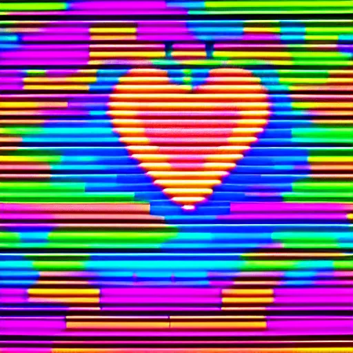 Image similar to pixel heart shaped portal to a neon colored world, on an industrial exterior