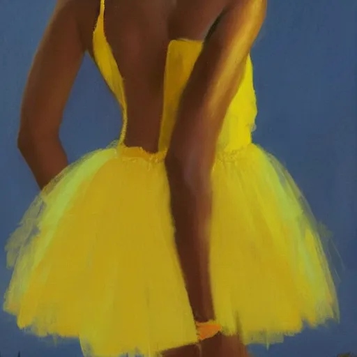 Prompt: african american woman wearing a yellow tutu, portrait artwork by jack vettriano h 6 4 0