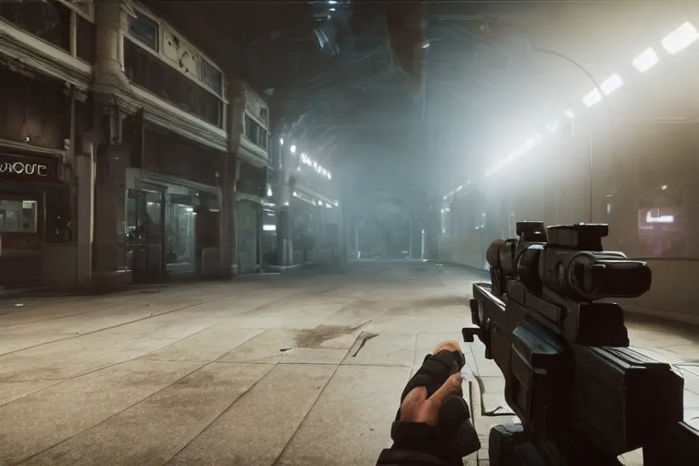 Image similar to a first person shooter game trailer on a victorian shopping mall, cinematic lightning, ray tracing, unreal engine 5, photorealistic, holding a ak - 4 7, fps game concept, extremely detailed, foggy, in - game footage