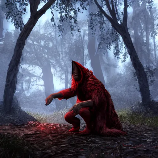 Image similar to werewolf bersus red riding hood, 3d scene, zenith view, Richard Corben, artstation, cgsociety, unreal engine, ultra realistic