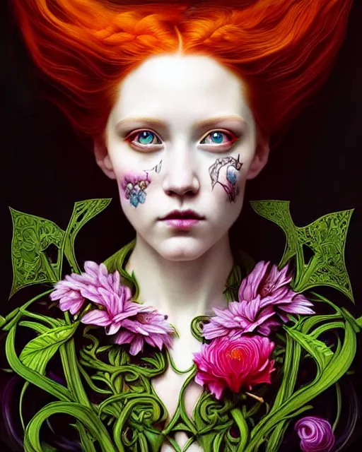 Image similar to Beautiful, evil and playful ethereal ginger portrait, art nouveau, fantasy, intricate flower designs, elegant, highly detailed, sharp focus, art by Artgerm and Mat collishaw and WLOP