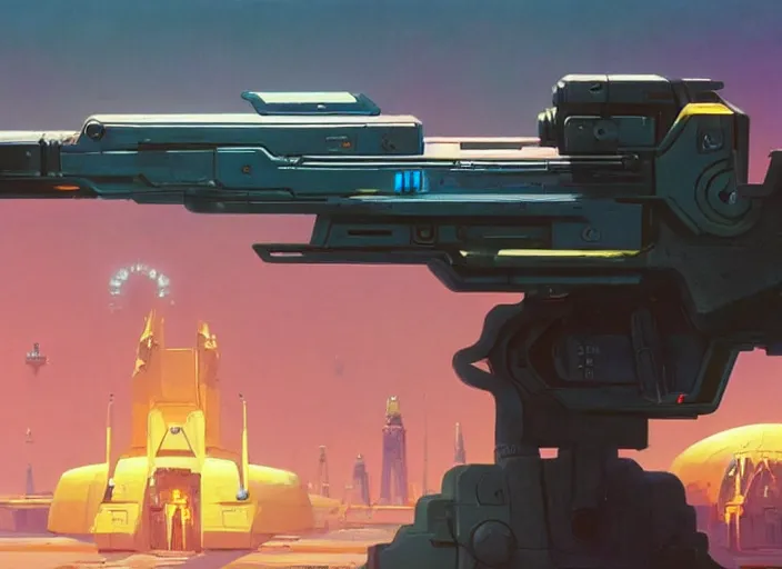 Prompt: futuristic gun on while background, style of robert mccall, syd mead, tyler edlin, wes anderson, greg rutkowski