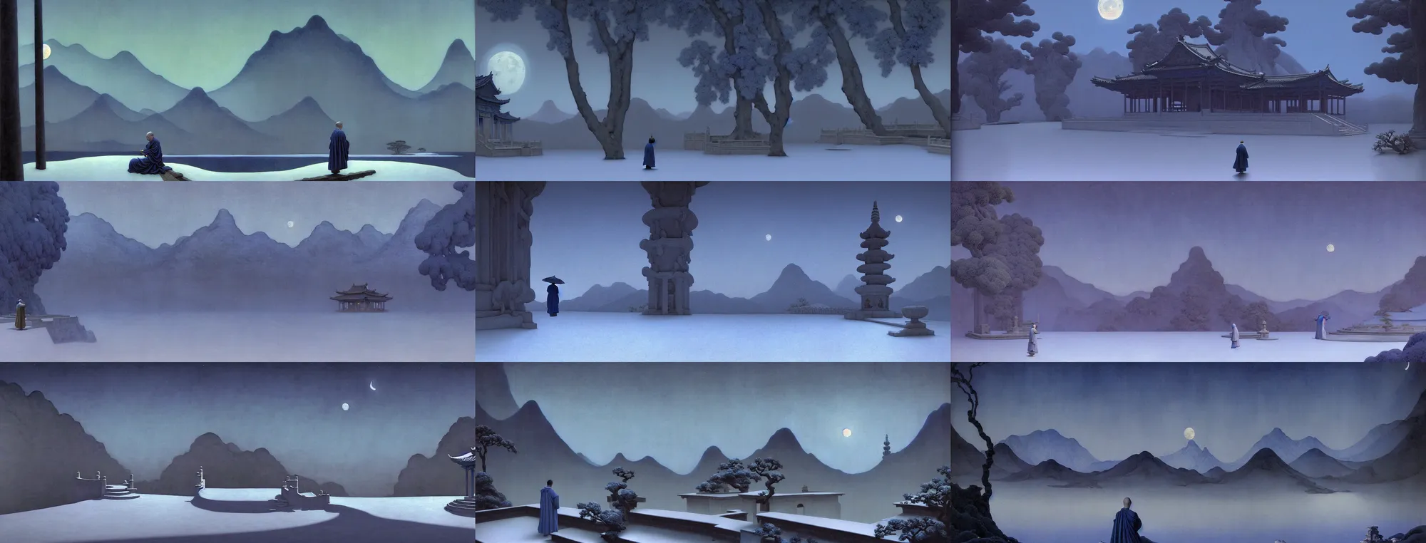 Prompt: a gorgeous landscape painting by barlowe wayne maxfield parrish and marco mazzoni. drak blue night sky. just one winter moon!! snow. chinese temple. just one lonely chinese monk in grey blue long gown walks on the winding steps. ultra clear detailed. 3 d, octane render. turbulent blood lake. fog