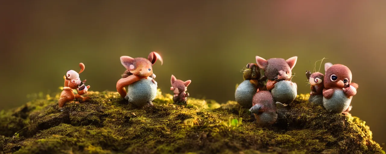 Prompt: tiny cute forest creatures seeking shelter by bobby chiu, at sunset, macro photography, goro fujita, cute, adorable, cinematic, happy, detailed, 8 k