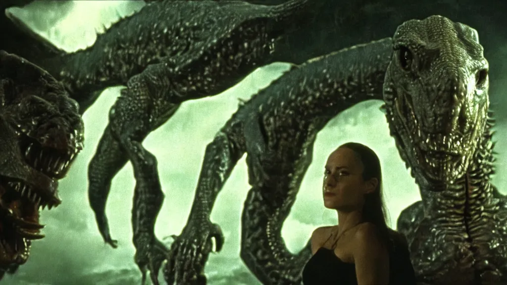 Image similar to movie scene of a girl and a draconian humanoid, reptil, reptilian, movie still, cinematic composition, cinematic light, criterion collection, reimagined by industrial light and magic, Movie by David Lynch and Ridley Scott