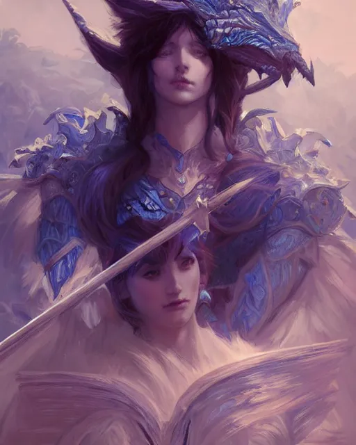 Image similar to Portrait of a Fantasy azure knight, moonlit, HD, illustration, epic, D&D, fantasy, intricate, elegant, highly detailed, digital painting, artstation, concept art, smooth, sharp focus, illustration, art by artgerm and greg rutkowski and alphonse mucha, monster hunter illustrations art book