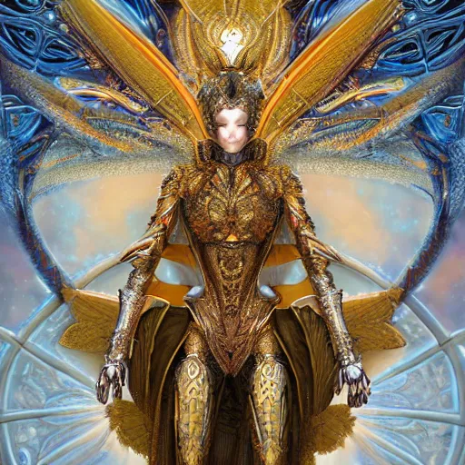 Image similar to a beautiful symmetrical body wearing an armor made of golden ornaments and gems by alex gray and android jones , Karol Bak, Ayami Kojima, Amano , 3D, 8k resolution