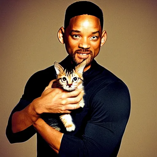 Image similar to will smith posing for a camera, holding up a kitten during an photoshoot for his early 2 0 0 0's techno album, cool coloring reminiscent of the 2 0 0 0's, album cover, y 2 k aesthetic,