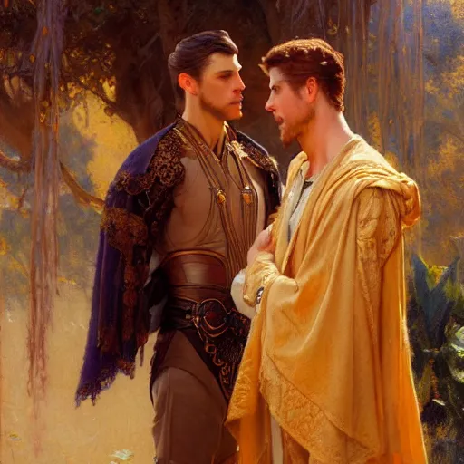 Image similar to attractive fully clothed king confesses his love for his attractive fully clothed male prince. highly detailed painting by gaston bussiere, craig mullins, j. c. leyendecker 8 k