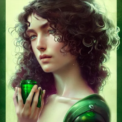 Image similar to gorgeous italian girl with ringlets holding a green potion, HD, D&D 4k, 8k, incredibly detailed, intricate, masterpiece, digital illustration by greg rutkowski and tom bagshaw, trending on artstation, character design, concept art