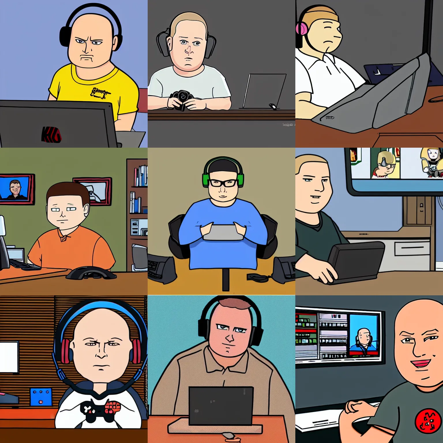 Prompt: adult Bobby Hill from King of the Hill sitting at his computer wearing a gamer headset in the cartoon style of King of the Hill