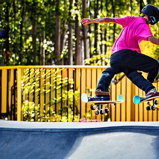 Prompt: professional photo of a skateboarder performing a grab trick, focused on brightly colored deck, 8 k, bright ambient lighting key light, 8 5 mm f 1. 8