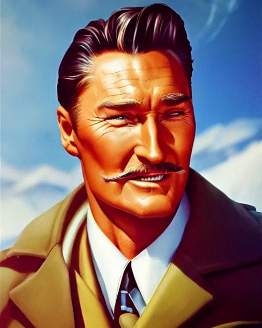 Image similar to Errol Flynn as a scientist. 1980s dystopian Soviet Russia, propaganda screens. Unreal engine, fantasy art by Rhads. Faithfully depicted facial expression, perfect anatomy global illumination, radiant light, detailed and intricate environment