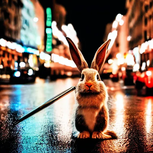 Image similar to portrait of an humanoid detective rabbit holding an umbrella, rainy night, city lights, sharp, focused photo