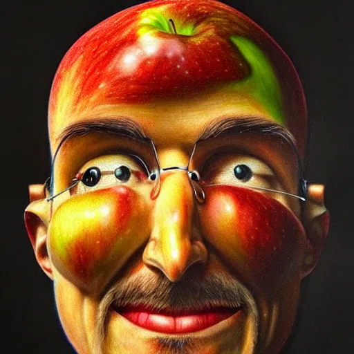 Image similar to a pile of apples, apples, apples arranged in the shape of a face resembling steve jobs, apples, fantasy, intricate, elegant, highly detailed, lifelike, photorealistic, digital painting, artstation, illustration, smooth, sharp focus, art by giuseppe arcimboldo