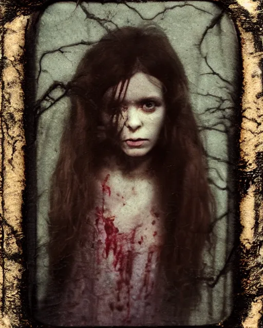 Prompt: an instant photo of a beautiful but creepy young woman in layers of fear, with haunted eyes and wild hair, 1 9 7 0 s, seventies, wallpaper, moorland, a little blood, moonlight showing injuries, delicate embellishments, painterly, offset printing technique, by mary jane ansell