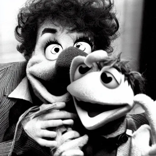 Image similar to bob dylan strangling kermit the frog, photograph