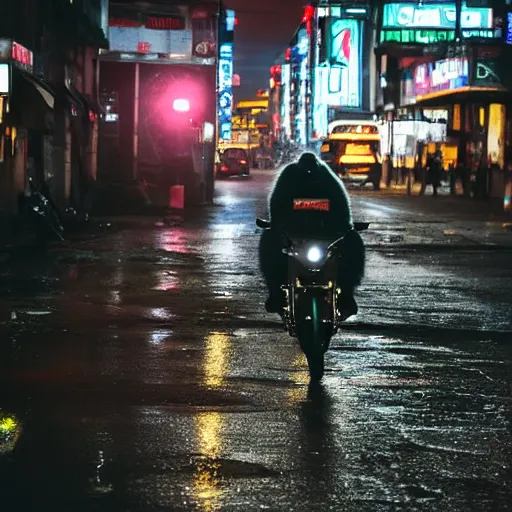 Prompt: a gorilla is riding a motor cycle in a cyberpunk city, shot from far away, during night, raining, many puddles on the street where the shiny motorcycle is reflected in