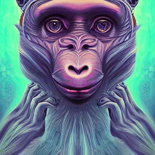 Image similar to An extremely psychedelic portrait of a monkey, surreal, LSD, face, detailed, intricate, elegant, lithe, highly detailed, digital painting, artstation, concept art, smooth, sharp focus, illustration