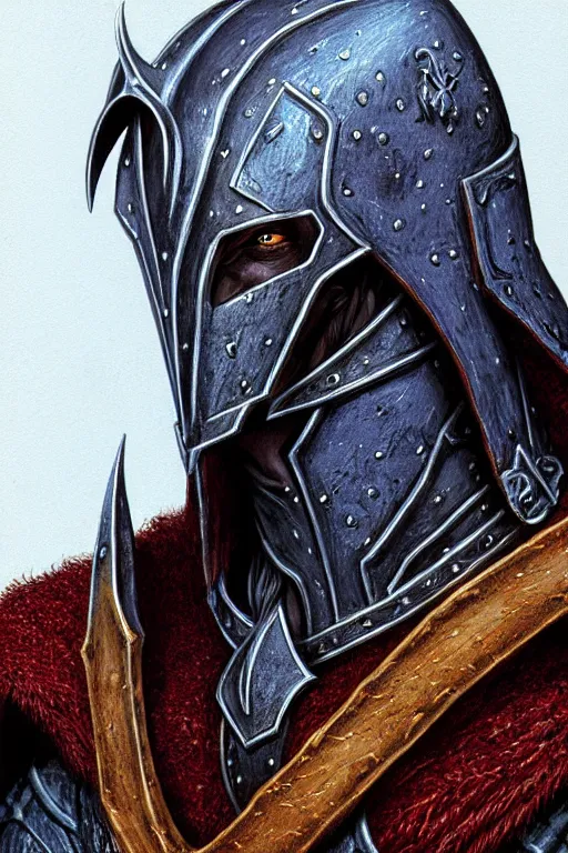 Image similar to head and shoulders portrait of an eldrich knight, drow, dark elf, shadar kai, breastplate, magical, male, high fantasy, d & d, by michael whelan, face details, extremely detailed, digital illustration