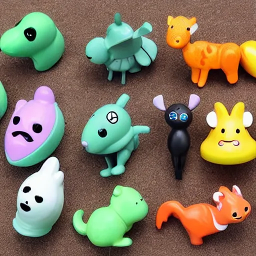 Prompt: some cute plastic toys that look like animal characters, forest colors