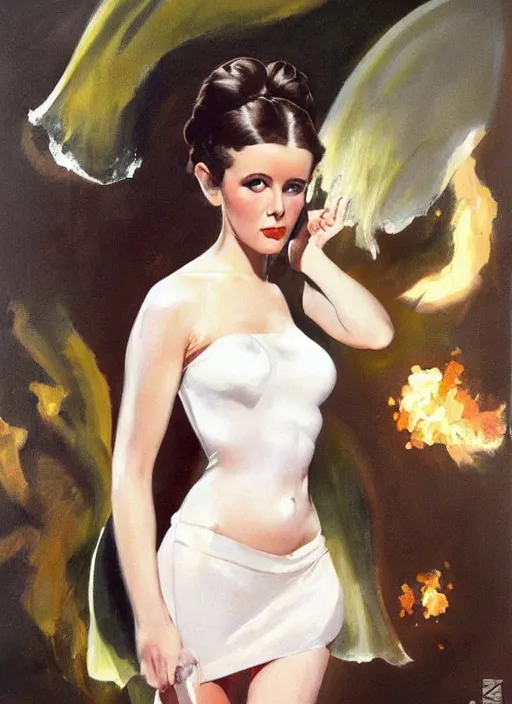 Prompt: oil painting of Princess Leia white ceremony dress torn ripped by frank frazetta alluring pin up deviant art seductive