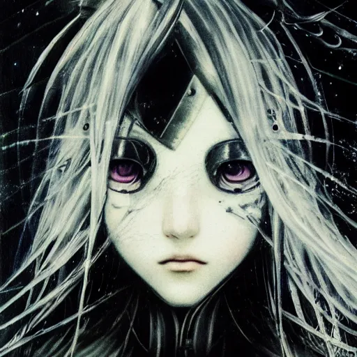 Image similar to Yoshitaka Amano blurred and dreamy illustration of an anime girl with pirate eye patch, wavy white hair and cracks on her face wearing Elden ring armour with the cape fluttering in the wind, abstract black and white patterns on the background, noisy film grain effect, highly detailed, Renaissance oil painting, weird portrait angle