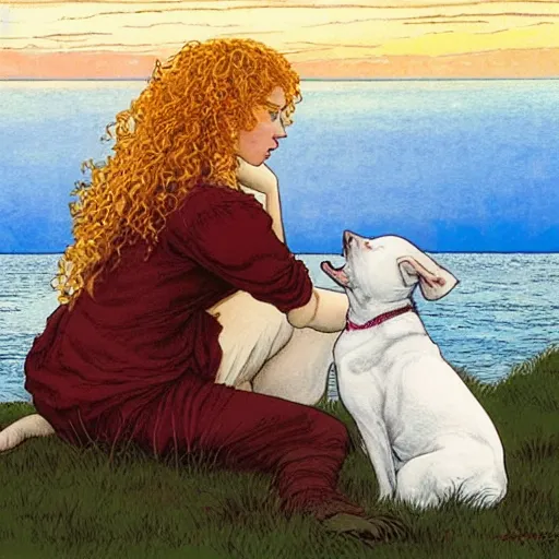 Image similar to pretty girl with curly blonde hair sits next to her white pitbull, sitting on a riverbank watching the sunset, painting by rebecca guay