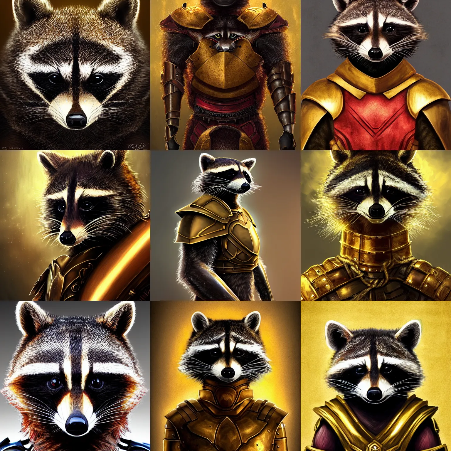 Prompt: Portrait of a raccoon humanoid wearing heavy armor. Gold armor. Red lighting. Dark fantasy, digital art, HD, detailed.