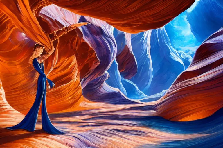 Prompt: futuristic female Goddess wearing luxurious royal blue suit relaxing at Antelope canyon, rocks formed by water erosion, walls made of beautiful smooth sandstone in unique shapes, light beams that shine through its walls, polish narrow slots of walls into a striated swirling finish, digital painting, concept art, smooth, sharp focus, from Star Trek 2021, illustration, by WLOP and Ruan Jia and Mandy Jurgens and William-Adolphe Bouguereau, Artgerm