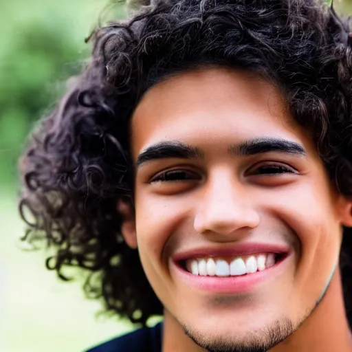 Prompt: close - up portrait photograph of a teenage latino male with brown eyes, light skin, a long italian nose, a big smile, curly medium length black hair, highly detailed, anatomically correct features,
