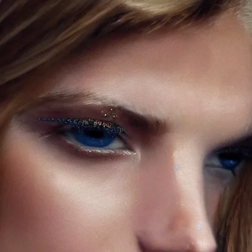 Image similar to A beautiful portrait of Martha Hunt as a model at Chanel fashion show as a model Spring/Summer 2010, highly detailed, in the style of cinematic, Milan fashion week backstage, Extreme close up, Makeup by Pat McGrath, Hair by Guido Palau