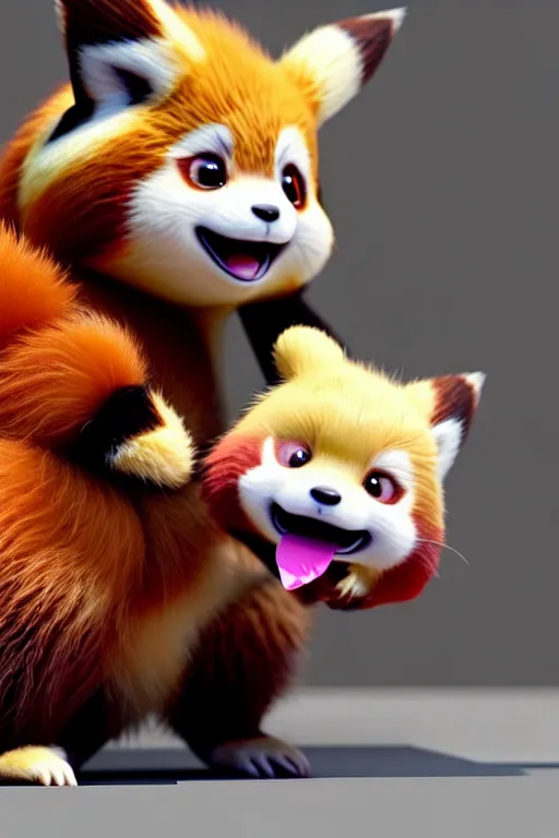 Image similar to high quality 3 d render hyperrealist very cute lowbrow happy red panda & hedgehog hybrid eating ice cream, vray smooth, detective pikachu, very dramatic light, low angle, uhd 8 k, shallow depth or field