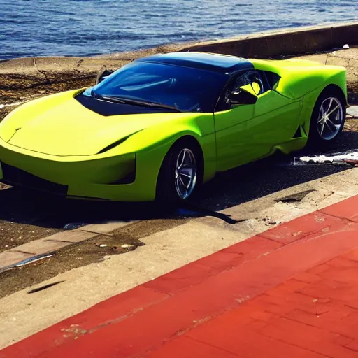 Image similar to professional high quality wide - angle image of a colorful sports car from the year 2 0 7 7. the car is badly damaged and crashed halfway headlong into the water at the stevedoring port. ( 2 0 7 7 kodachrome panavision ). the weather is very pretty. imax 7 0 mm, wide - angle.