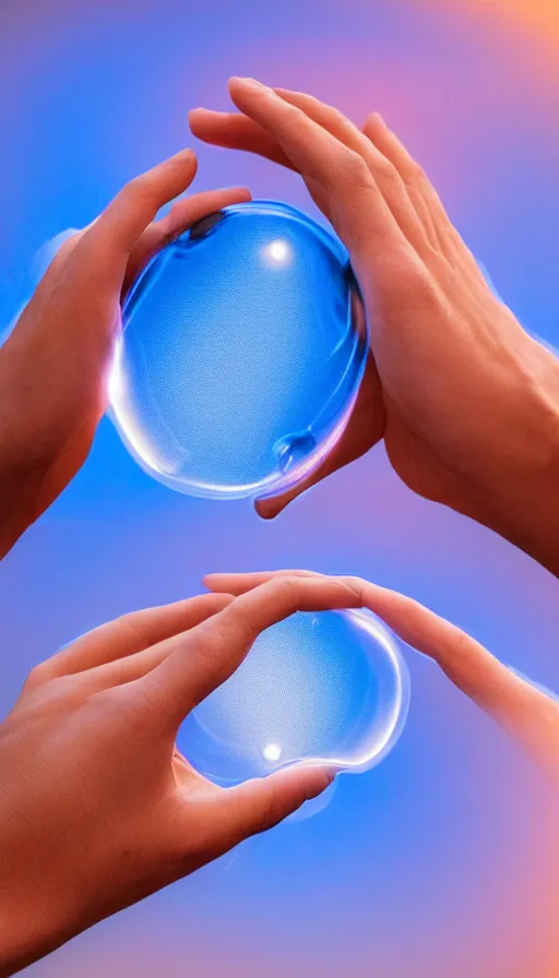 Image similar to photograph of two hands holding a 2ft slightly curved soft background blue blue oblong bubble filled with glowing AR hologram paragraphs in iMessage bubble formed between the arc between the thumb and index finger, AR sentences streaming from your mouth to your hands, chatting at Dolores Park sunset dappled golden hour light