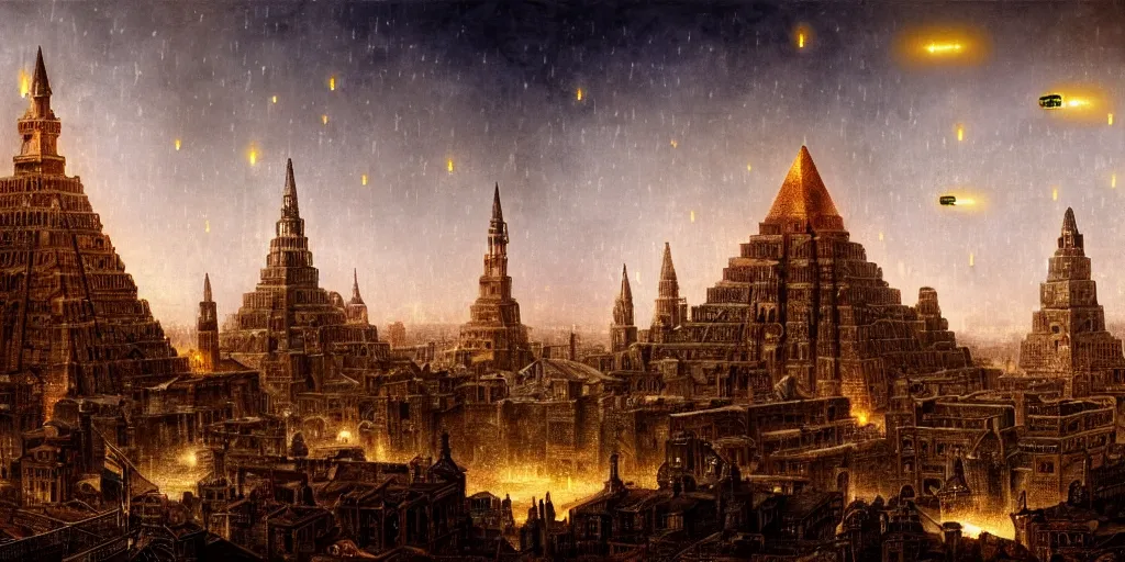 Image similar to magical city of the great tartarian empire adorned with amazing lost technology, lighting resembling fireflies, spires from rooftops collecting and distributing etheric energy, the centerpiece of the city is a colossal ancient pyramid made of metal, cityscape, combining intense detail & utmost quality, late 1 8 0 0 s photography christian hecker, artstation, - h 8 3 2