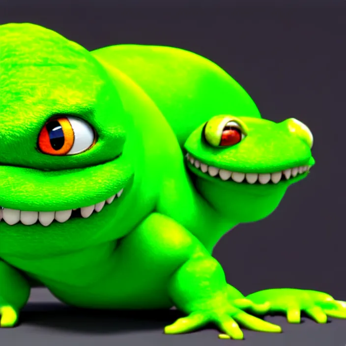 Image similar to a fat anthropomorphic male green gecko fursona with big eyes waddling across vrchat, cute, 3 d, octane render, furry