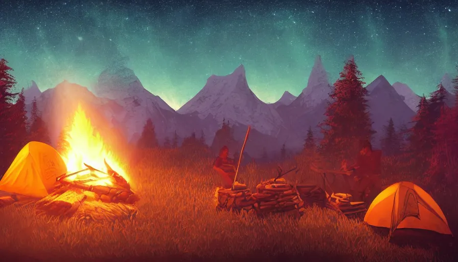 Image similar to survivor camp with campfire at night, guitar, tents, hill, mountains, forest, stars in the sky, hyperdetailed, artstation, cgsociety, 8 k