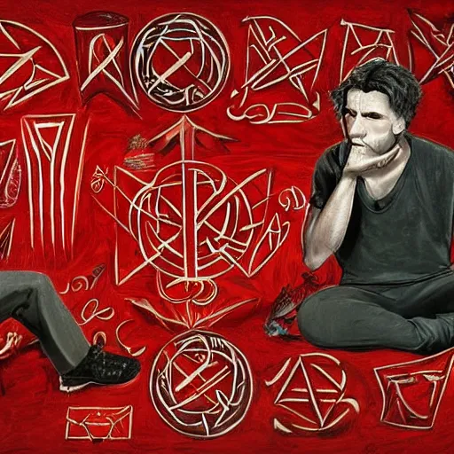 Prompt: a man philosophy schizophrenic is sitting in a red room with infernal symbols and sigils and runes for death height detailed