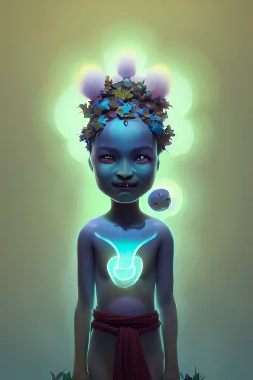 Prompt: super cute Bioluminescent earth deity character concept, only one face, soft light, soft mood, realistic body features and face, illustration, painting oil on canvas by Elena Zhurikhina and Goro Fujita and Charlie Bowater, octane render trending on artstation, 4k, 8k, HD