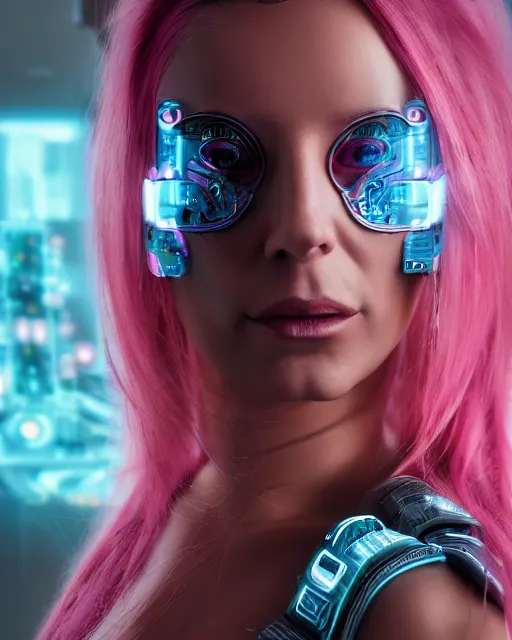 Image similar to portrait of a beautiful tanned woman with pink hair as a cyberpunk cyborg half robot, revealing wires and electronics, hooked - up, sci - fi, missing panels, intricate abstract upper body intricate artwork, concept art, octane render, deviantart, cinematic, key art, hyperrealism, iridescent accents, portrait photograph, nikon 3 5 mm, photograph by greg rutkowski