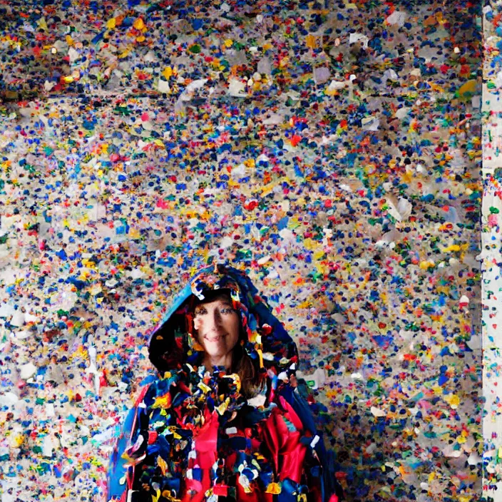 Image similar to a woman wearing a hood made of plastic and confetti, in an abandoned office building, by jan van eyck, canon eos c 3 0 0, ƒ 1. 8, 3 5 mm, 8 k, medium - format print