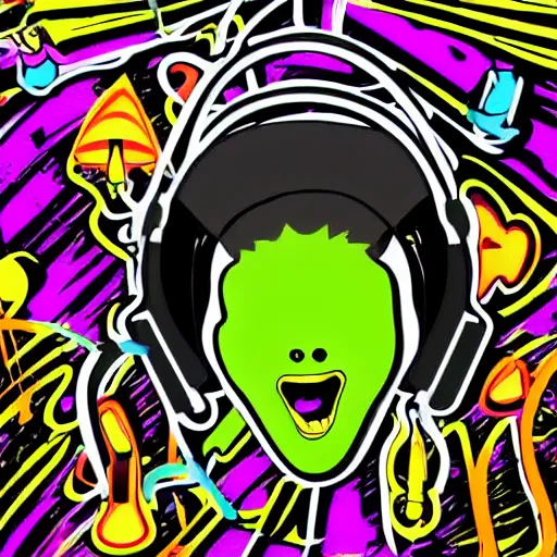 Image similar to svg sticker of a Pop-Wonder Alien-Bog-Monster-Swamp-Rat-Thunder-Coot-Racing-Fan at a rave, spinning records, giant headphones rocking out, wearing headphones, huge speakers, dancing, rave, DJ, spinning records, digital art, amazing composition, rule-of-thirds, award-winning, trending on artstation, featured on deviantart