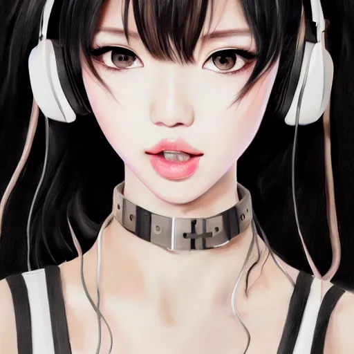 Image similar to realistic detailed semirealism beautiful gorgeous natural cute excited happy Blackpink Lalisa Manoban black hair black cat ears, wearing white camisole outfit, headphones, black leather choker artwork drawn full HD 4K high resolution quality artstyle professional artists WLOP, Aztodio, Taejune Kim, Guweiz, Pixiv, Instagram, Artstation