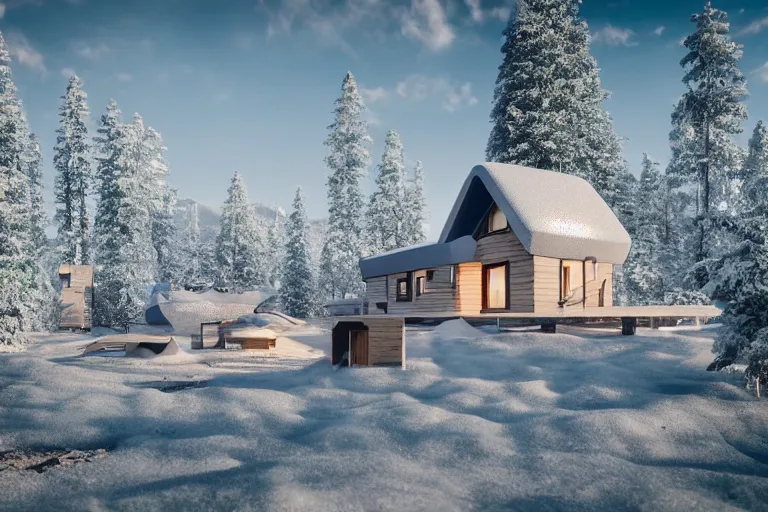 Image similar to futuristic cottage settlement with in the forest with Elbrus mountain covered by snow on the background, architecture, 3d render 8k , high details