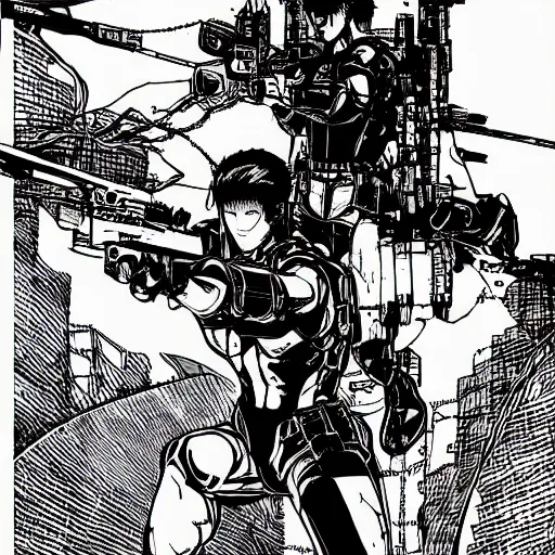 Image similar to Metal Gear Solid tech mage graphic novel highly detailed pen and ink Gantz by Kishimoto and Moebius clean simple line art