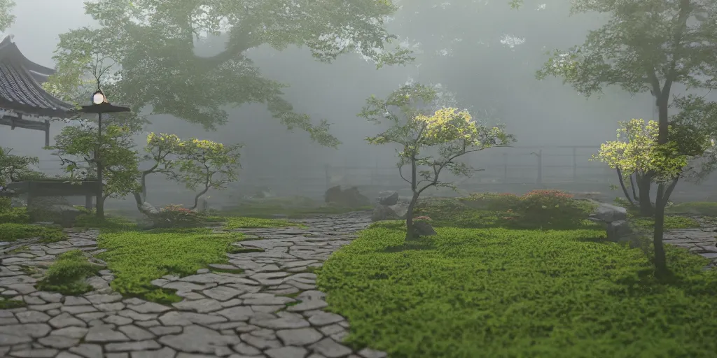 Image similar to i, a detailed Japanese yard in the morning mist with sunshine, 8k, high definition, trending on artstation